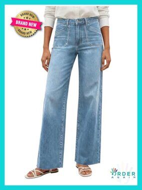 Womens High Waisted Wide Leg Jeans Stretchy Straight Denim Side Pocket Frayed